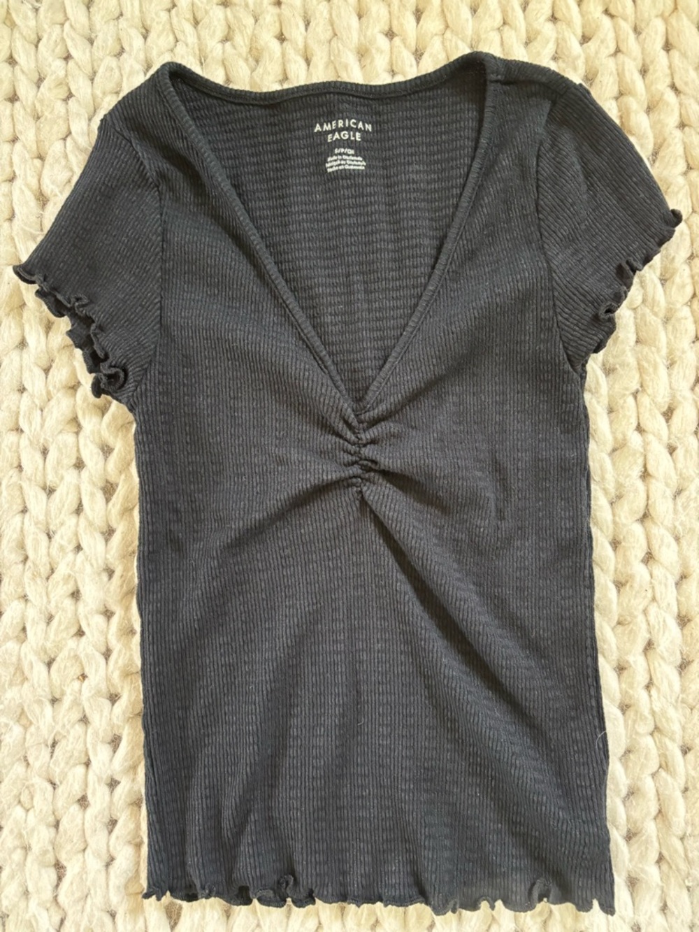 American Eagle Outfitters Black Ribbed Twisted V-Neck Short Sleeve Top